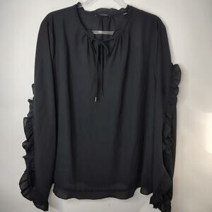 T Tahari Black Ruffle Sleeve Tie Neck Long Sleeve Blouse Top Womens X-Large‎ NWT